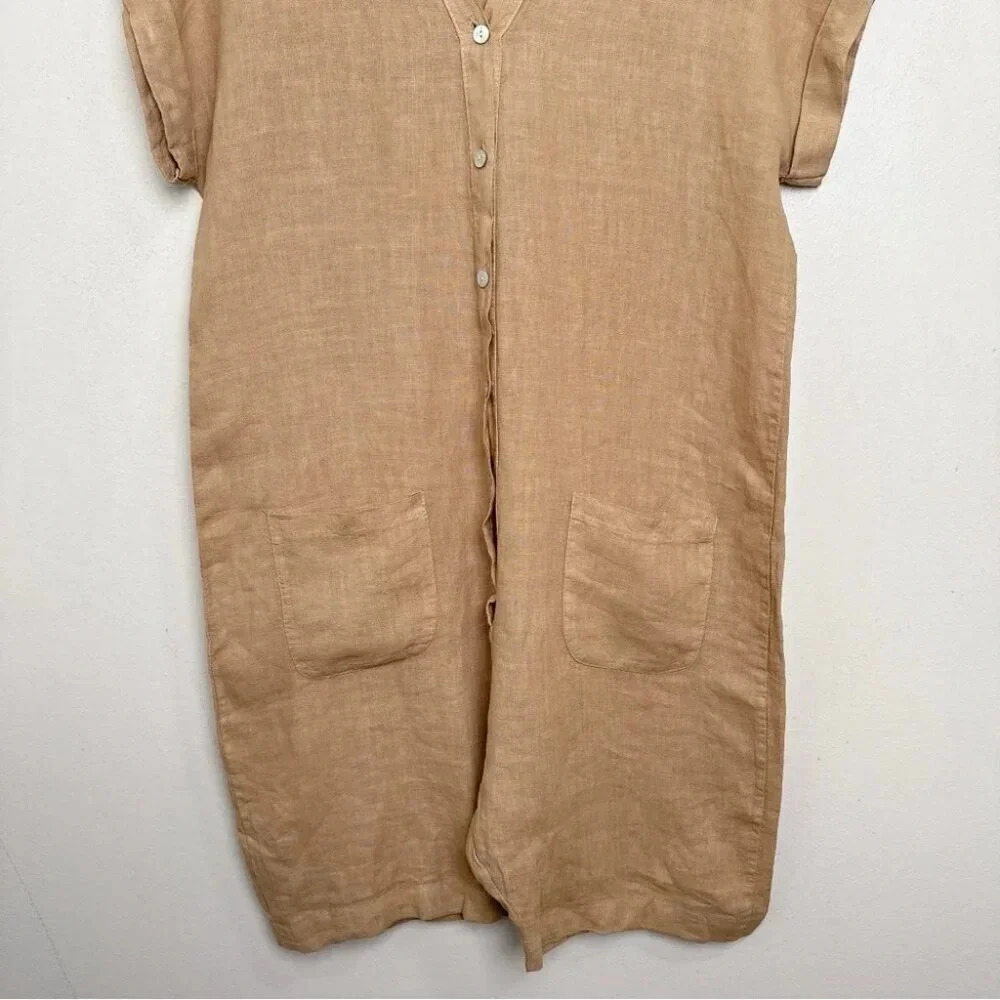 Made  In Italy Womens Medium Linen Vneck Button Tan Romper - Picture 8 of 13